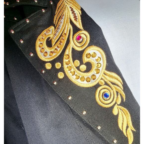 Vintage JenJen Darian 1980s Denim Blazer Jacket Gold Jewels Embroidery Studs 2X - Picture 7 of 15